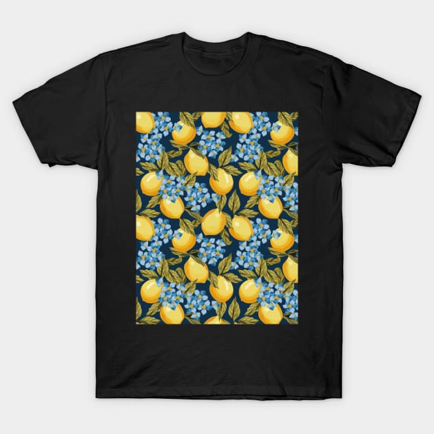 Lemons Pattern On Blue T-Shirt by Designoholic